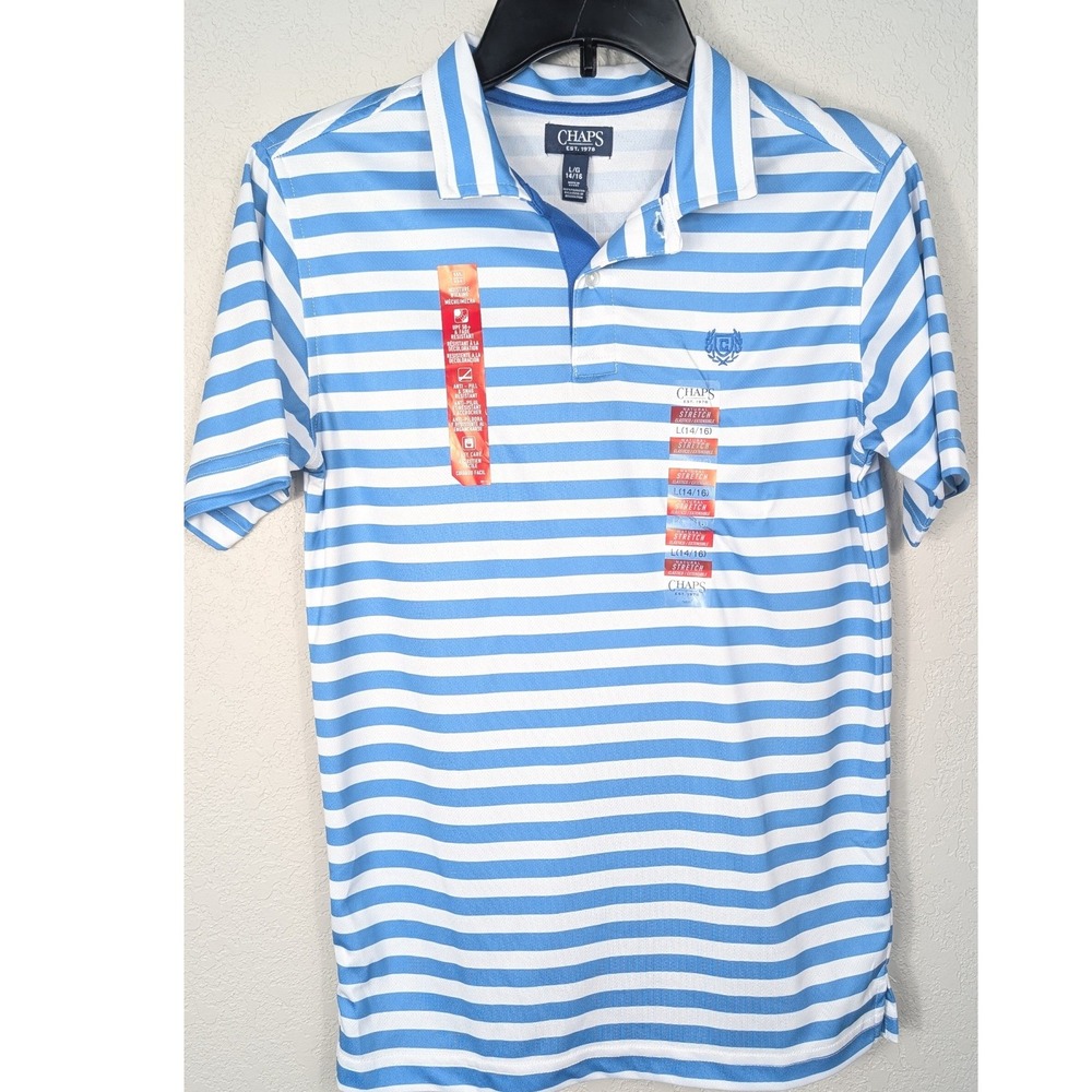 Chaps Polo Shirt Boys Size L 14/16 Azure Blue White Striped Performance NWT